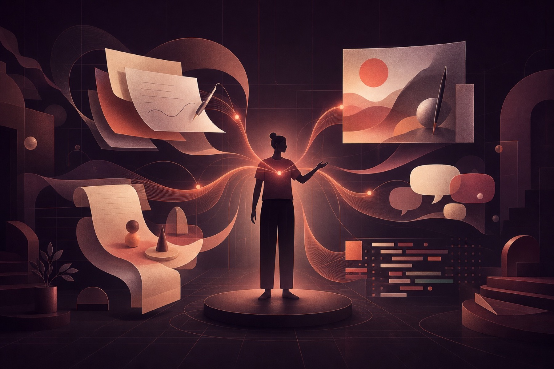 A person guiding one idea across writing, images, conversation, articles, and code