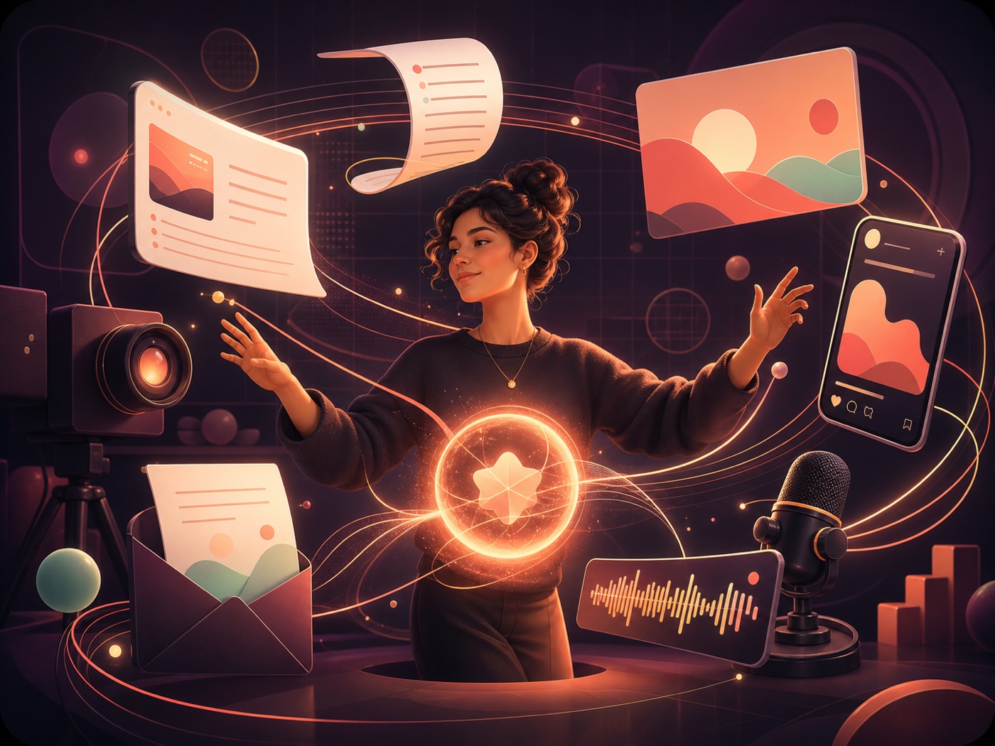 Creador dando forma a una idea en texto, imagen y voz