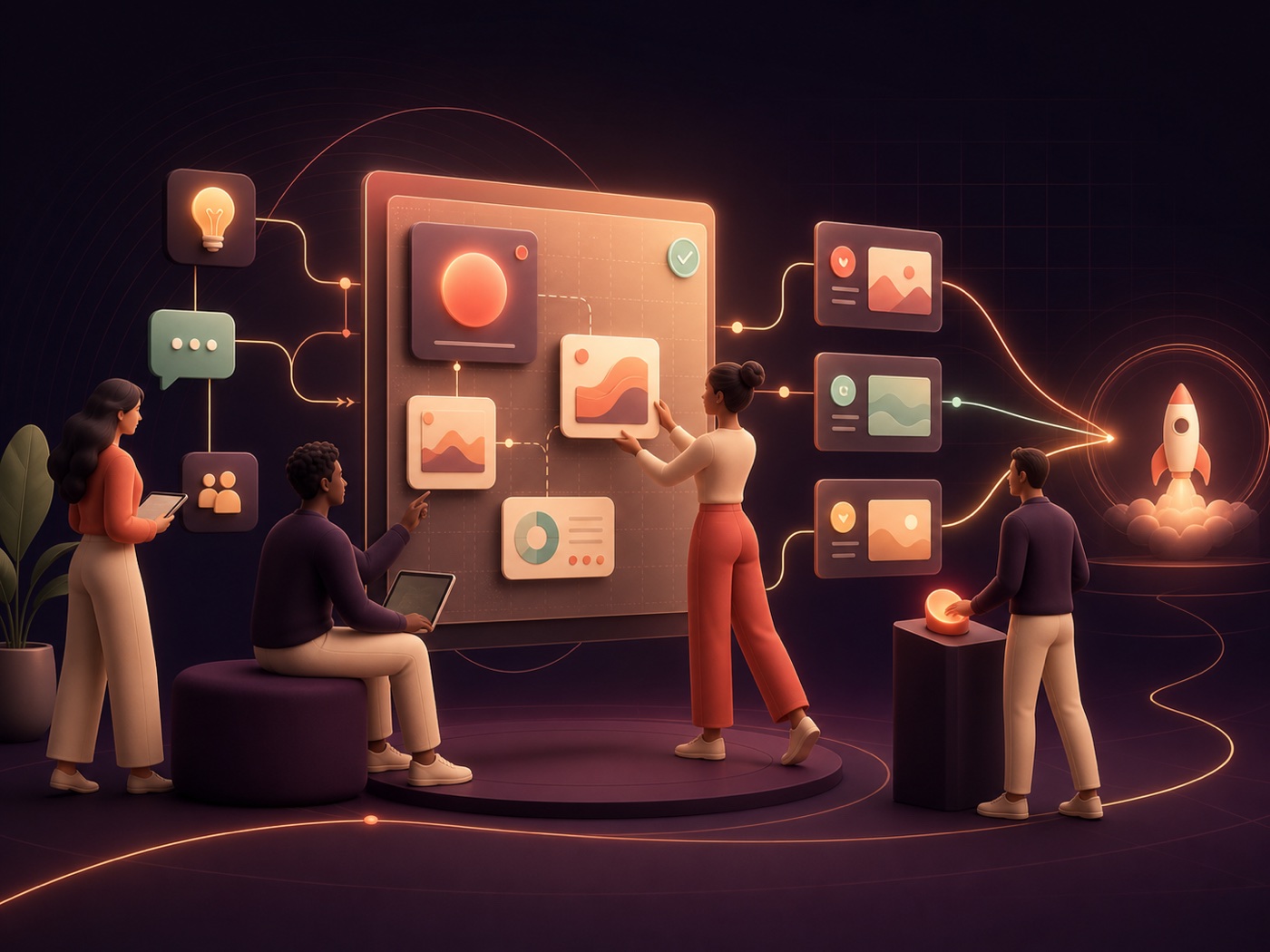 Equipo de marketing dando forma a una campaña conectada de la idea al lanzamiento